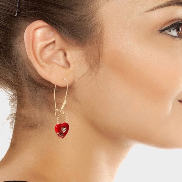 Betsy Johnson Red•Gold tone•Heart Padlock Earrings - Picture 3 of 5